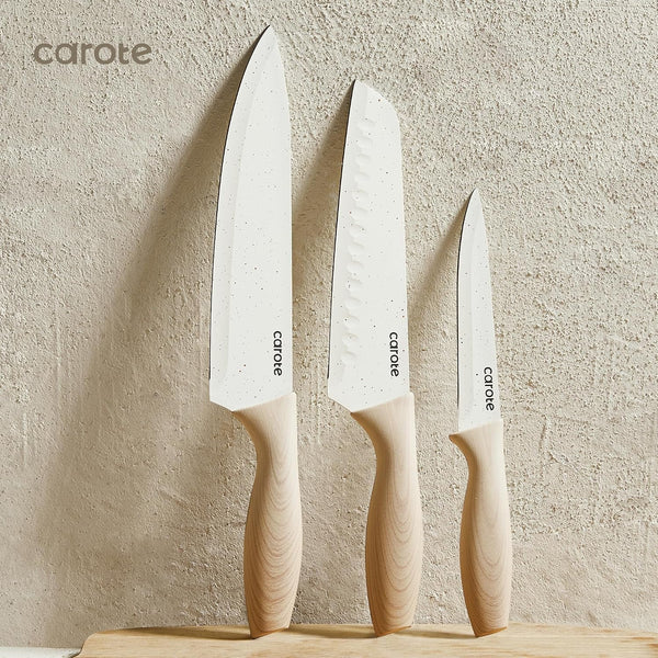 12-Piece Knife Set, Knives with Wood-Grain Finish Handles, White | 6 Blade Guards, Stainless Steel Blades, Ceramic Nonstick Coating, Long-Lasting Sharpness, Rust-Resistant, Camping, RV7