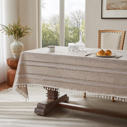 Hemstitched Striped Boho Table Cloth, 54X70 Inch Natural3