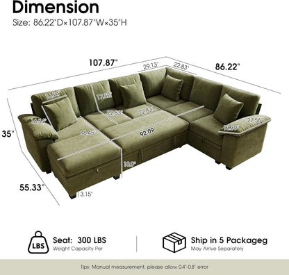 107.8" Modular Sectional Sleeper Sofa with Pull Out Bed, U Shaped 7 Seat Couch with 221L Storage, Convertible Cloud Couch Bed with Ottoman, Sectional Couches for Living Room, Apartment (Green)2