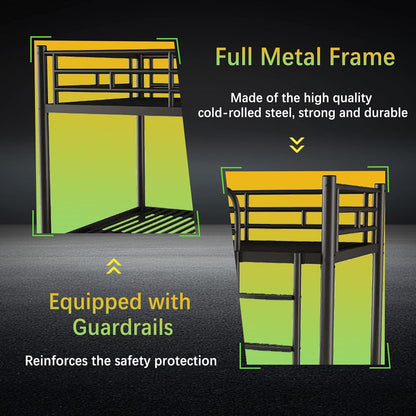 Metal Bunk Bed, Full over Full Bunk Beds with Removable Wide Ladder and Full-Length Guardrails, Low Bunk Bed Frame with Mute Design for Undisturbed Sleep for Adults, Kids and Young Teens4