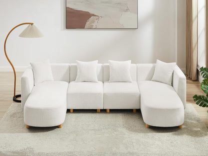 113" U-Shaped Sectional Sofa with 4 Pillows, 4-Seater, Boucle White4