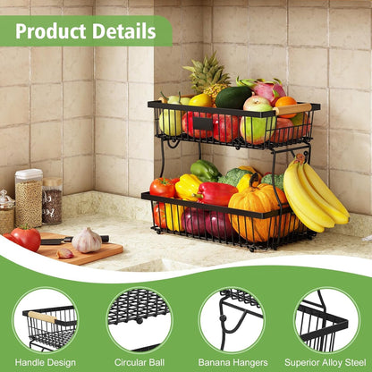 2 Tier Fruit Basket for Kitchen Counter with 2 Banana Hangers, Countertop Metal Bread Basket with Wooden Handle, Large Storage Stand for Vegetables, Snacks, Eggs, Produce Storage – Black5