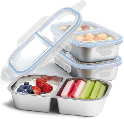 3 Pack Stainless Steel Snack Containers, 2 Compartment Reusable Metal Snack Boxes Containers with Leak-Proof Lids, Compact Lunch Box Food Storage Container1