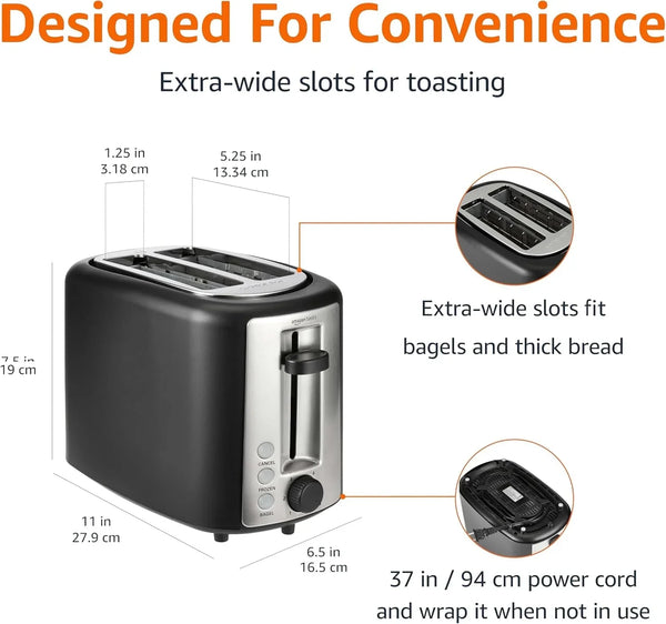 2 Slice Toaster, Extra Wide Slots for Bagels, 6 Browning Settings, Removable Crumb Tray, Defrost/Cancel/Bagel Buttons, Cord Wrap, 900W, Black & Silver3