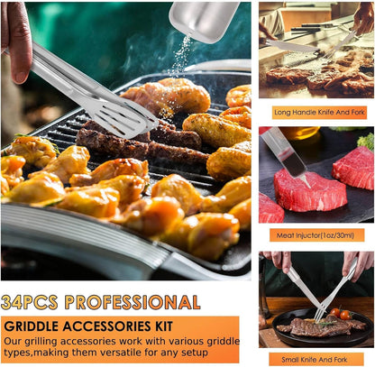 BBQ Grilling Accessories Set, 34Pcs Heavy Duty Grill Tools, Brown | for Outdoor Camping, Grilling Gifts for Fathers Day, Men Dad, Stainless Steel Barbecue Utensils Kit, Includes Mats and Glove3