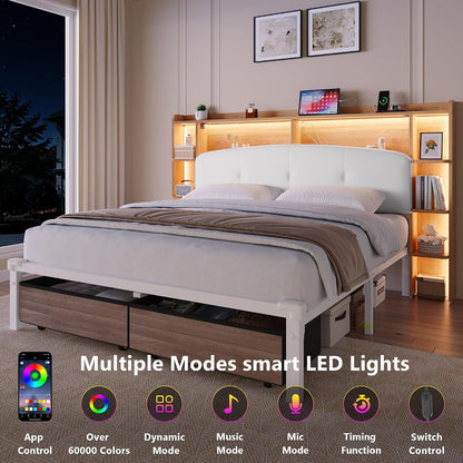 Queen Size Bed Frame with Storage & Upholstered Headboard, 2 Fabric Drawers, Charging Station & RGB LED Lights, Metal Platform Bed, No Box Spring Needed, Natural6