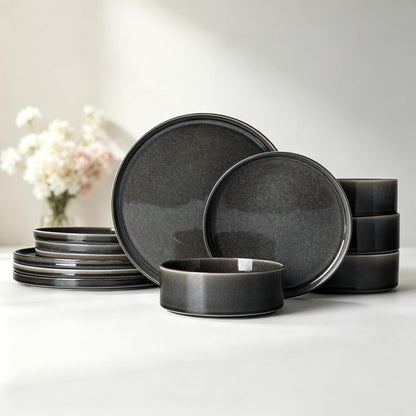 Dinnerware Sets for 4, 12 Pcs Reactive Glaze Plates and Bowls Sets, Black1