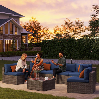 7 Piece Patio Furniture Sets All Weather Gery PE Wicker Couch Sofa with Glass Table, Removable Navy Cushions8