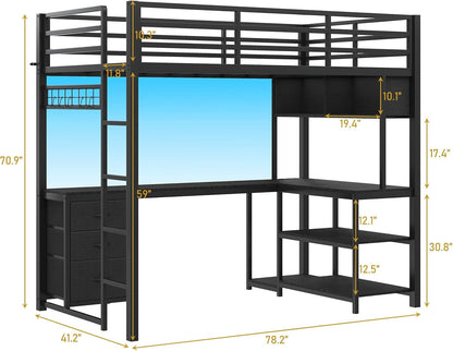 Twin Loft Bed with L‑Shaped Desk, RGB LED Lights, Black2