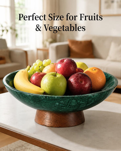 Marble Decorative Bowl, 11” Large Centerpiece for Table, Fruit Bowl for Kitchen Counter, Coffee Table or Entryway Decor, Natural Marble with Wood Base, Unique Home Gift - Green2