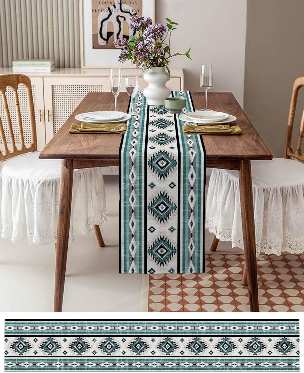 turquoise-aztec-table-runner-36-inches-long-for-dining-decor-southwestern-native-american-indian-print-burlap-linen-farmhouse-table-runner-washable-coffee-tablerunners-dresser-scarf-for-kitchen-party