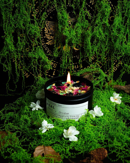 Obsidian Crystal Energy Candle, Good Aura Health Protection, Baltic Amber Chakra Magic Self-Care, Emotional Support, Encouragement and Affirmation Gift.(Heal)3