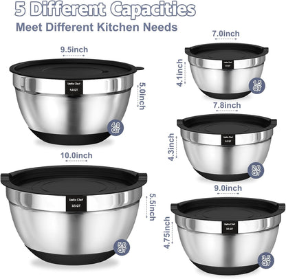 Mixing Bowls with Airtight Lids Set, 8PCS Stainless Steel Nesting Bowls Set, 3 Grater Attachments & Non-Slip Bottoms, Size 5, 4, 3.5, 2, 1.5QT for Baking & Mixing(Black)2