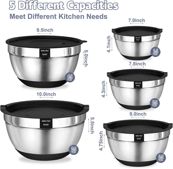 Mixing Bowls with Airtight Lids Set, 8PCS Stainless Steel Nesting Bowls Set, 3 Grater Attachments & Non-Slip Bottoms, Size 5, 4, 3.5, 2, 1.5QT for Baking & Mixing(Black)2