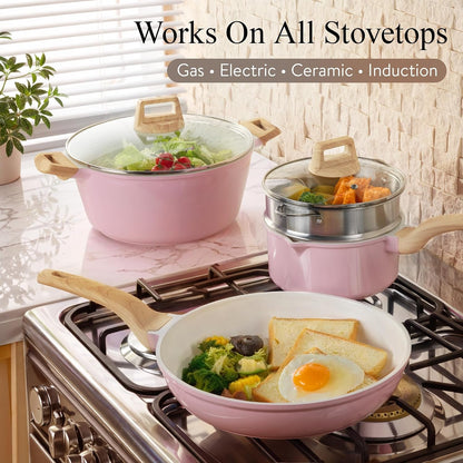 21Pcs Ceramic Cookware Set, Pots and Pans Set, Pink | Non-Toxic, Healthy Kitchen Set, All-Stovetop Compatible, Easy Clean, Even Heating, PFAS FREE7