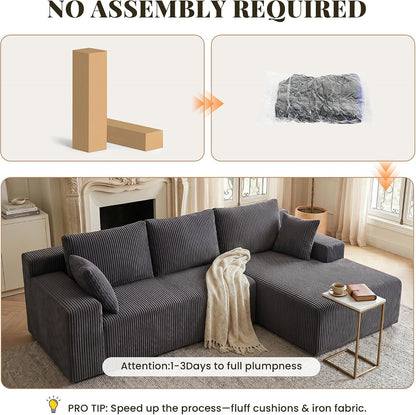 Cloud Sectional Boneless Couches for Living Room, Modular L Shaped Couch with Deep Seat Oversized Right Facing Chaise, Memory Foam Compressed Spineless 3 Seater Sofa, Wide-Striped Grey7