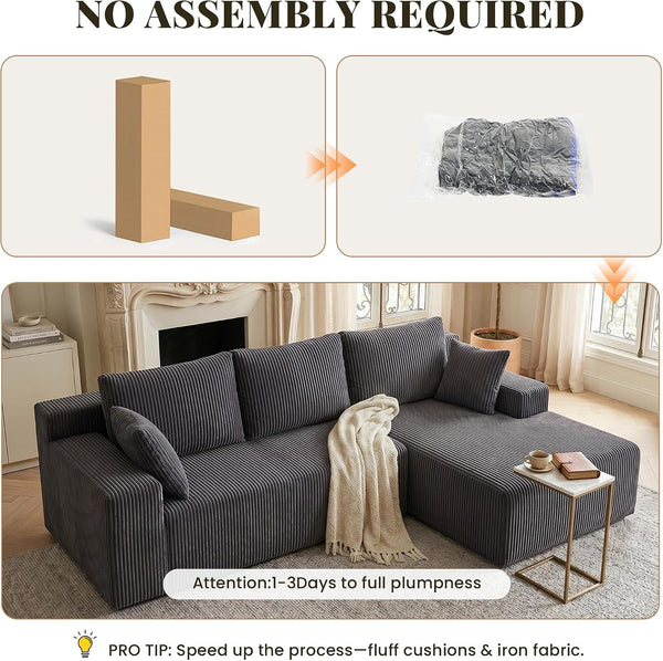 Cloud Sectional Boneless Couches for Living Room, Modular L Shaped Couch with Deep Seat Oversized Right Facing Chaise, Memory Foam Compressed Spineless 3 Seater Sofa, Wide-Striped Grey7