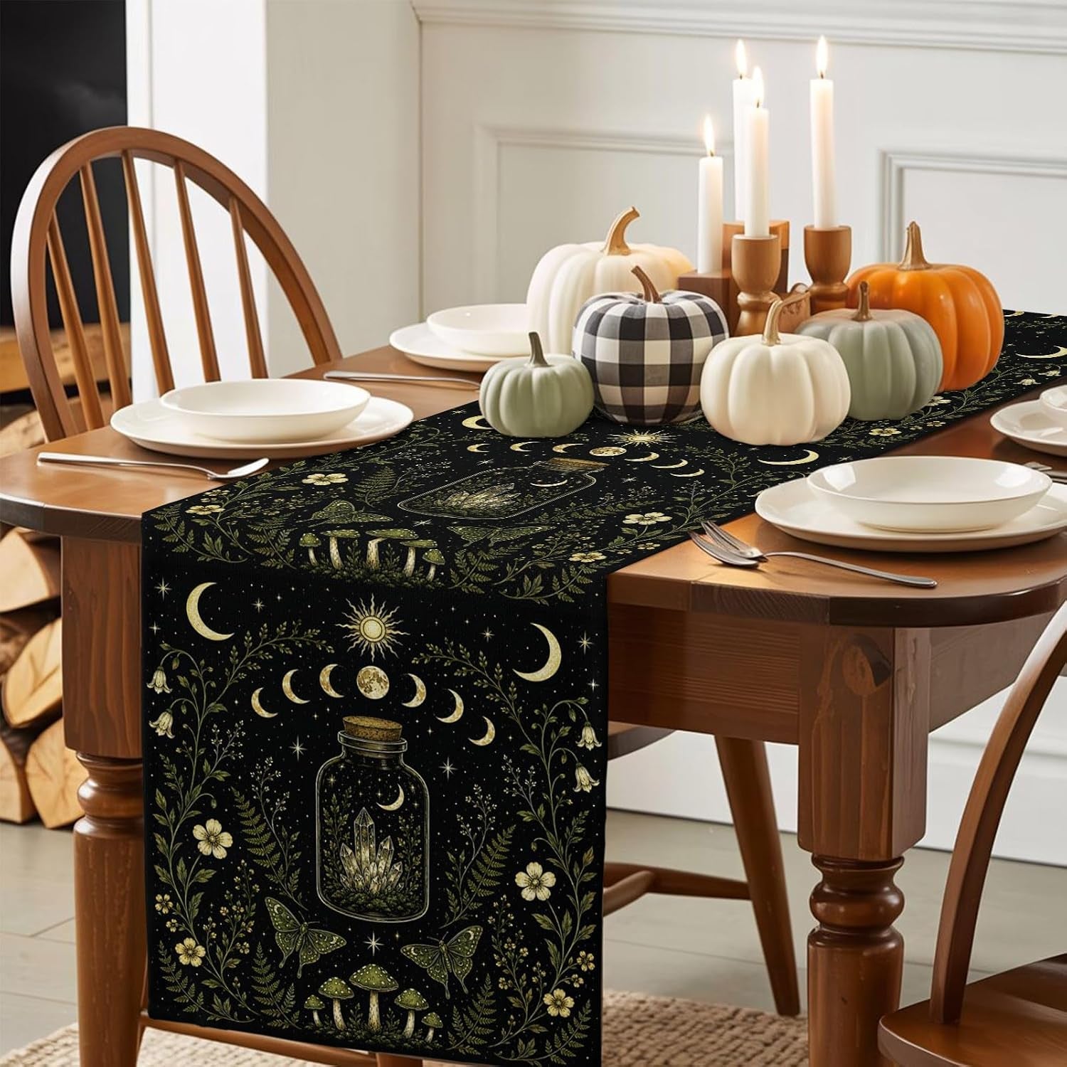 mystic-black-table-runners-72-inches-long-cotton-linen-fabric-table-runner-dresser-scarf-butterfly-golden-sun-moon-stars-flowers-leaves-tablerunner-for-party-kitchen-dinner-wedding-decor-13x72