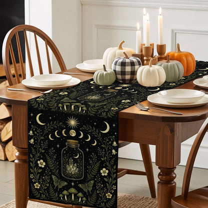 Mystic Black Table Runners 72 Inches Long, Cotton Linen Fabric Table Runner Dresser Scarf, Butterfly Golden Sun Moon Stars Flowers Leaves Tablerunner for Party/Kitchen/Dinner/Wedding Decor 13"X72"4