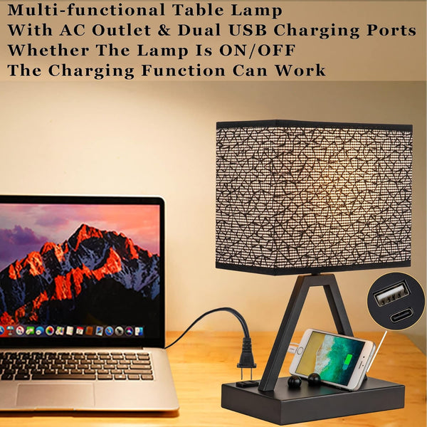 Touch Control Table Lamp, 3-Way Dimmable Desk Lamp with USB C & a and AC Outlet, Bedside Lamp with Phone Stands for Bedroom, Living Room, Office, LED Bulb Included, Black Shade5