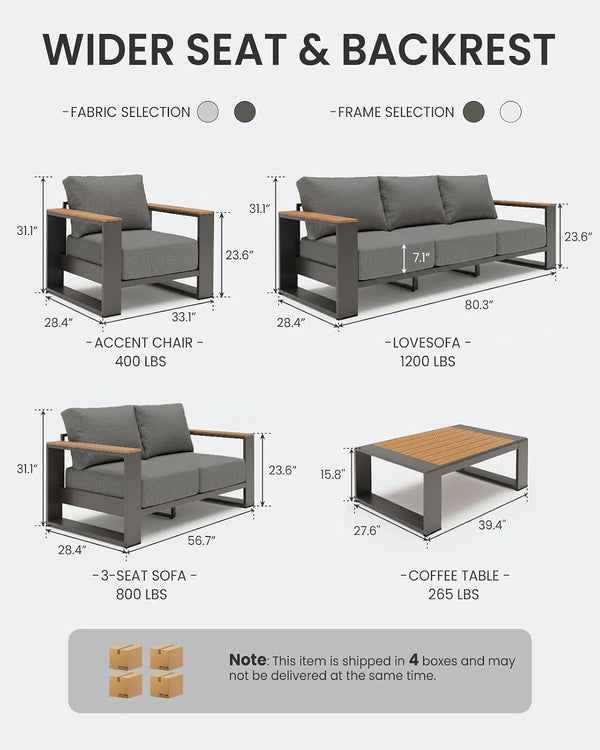 Oversized Aluminum Patio Furniture Set, 4 Pieces Luxury Outdoor Furniture Set with 7.1" Extra Thick Cushion, Modern Outdoor Sectional with Coffee Table for Porch, Garden and Deck, Graphite8
