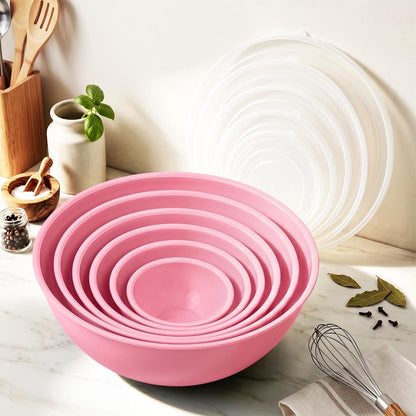 BPA Free Plastic round Mixing Bowl with Lids, 12 Pack Nesting Bowls with Lids Set, Microwave and Dishwasher Safe Prep & Serving Bowls Great for Mixing, Baking, Serving (Pink, 12Pcs)10