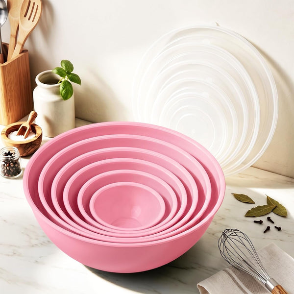 BPA Free Plastic round Mixing Bowl with Lids, 12 Pack Nesting Bowls with Lids Set, Microwave and Dishwasher Safe Prep & Serving Bowls Great for Mixing, Baking, Serving (Pink, 12Pcs)10