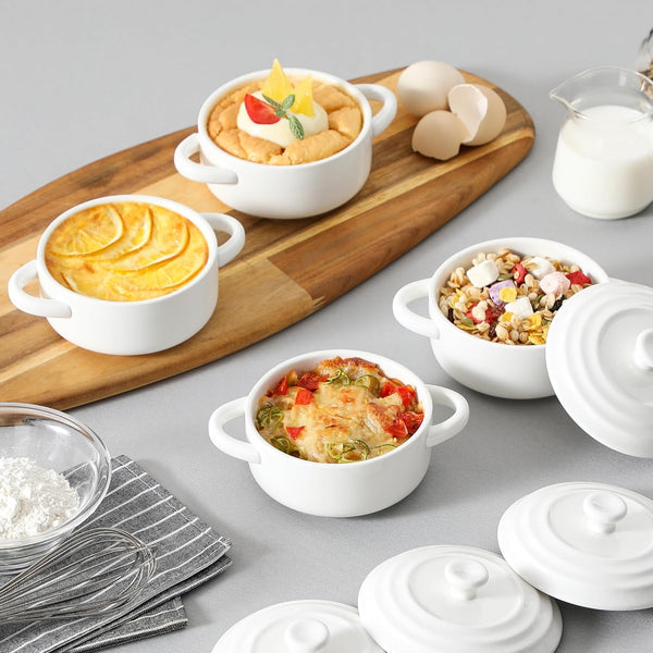 Mini Cocotte Set of 4, 14 OZ Ceramic Casserole Dishes with Lids | Single Serving Small Dutch Oven Set, Lasagna, Soufflé, French Onion Soup, Pudding, Oven, Dishwasher Safe with Handles, White6