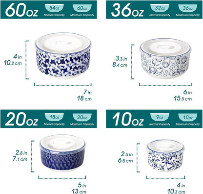 Ceramic Nesting Bowls with Lids Set of 4, Serving Bowls for Food Storage, Prep Bowl, Ceramic Bowl for Kitchen, Microwave & Dishwasher Safe, 60+36+20+10 Oz, Series SELENE2