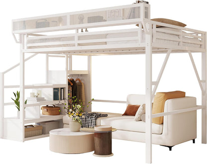 Queen Size Loft Bed with Stairs and Storage, Metal Loft Bed Frame with Bedside Shelf and Large Under-Bed Space, Heavy-Duty Loft Beds for Adults Teens and Kids, Convertible Staircase, White7