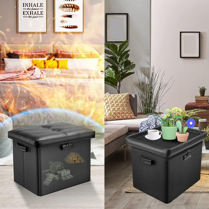 Storage Ottoman with Lock,Fireproof Folding Ottoman Foot Rest Stool Storage Chest with Storage Safe for Important Documents,Waterproof 17 Inches Short Ottoman Foot Stool with Handles,Black2