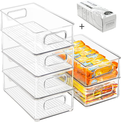 Stackable Refrigerator Organizer Bins, 6 Pack Clear Kitchen Organizer Container Bins with Handles and 20 PCS Plastic Bags for Pantry, Cabinets, Shelves, Drawer, Freezer - Food Safe, BPA Free 10"L1