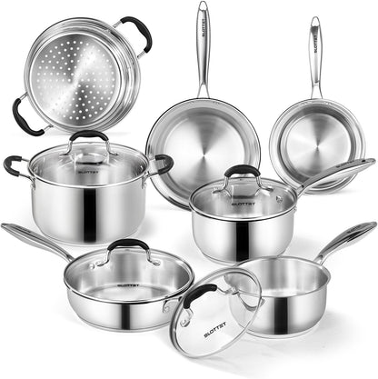 Stainless Steel Kitchen Cookware Set,11 Piece Pots and Pans Set with Steamer,Heat-Resistant Handle,Non-Toxic,Induction,Oven,Dishwasher Safe1