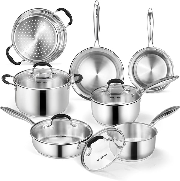 Stainless Steel Kitchen Cookware Set,11 Piece Pots and Pans Set with Steamer,Heat-Resistant Handle,Non-Toxic,Induction,Oven,Dishwasher Safe1