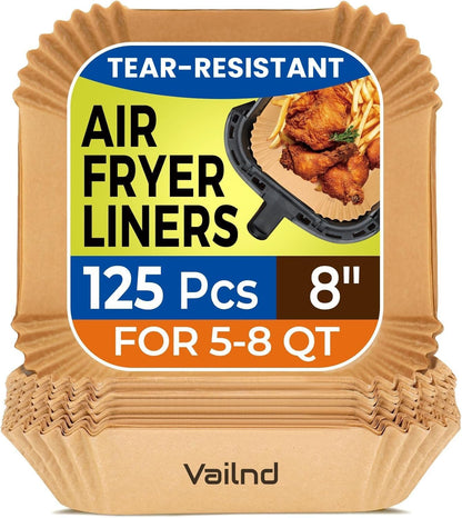 125Pcs 8 Inch Square Air Fryer Liners Disposable for 5-8QT, Parchment Paper | Non-Stick, Unbleached Food Grade, Waterproof Oilproof Baking Airfryer Sheets Papers for Oven, Microwave, Baking, Roasting1