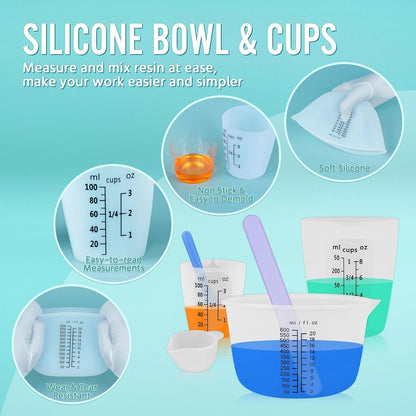 Silicone Resin Mixing Measuring Cups for Resin Supplies, Easy-To-Read Marks, 600Ml/20Oz Bowl, 250&100Ml Thickened Reusable Silicone Cups for Epoxy Mixing, with Stir Sticks, Jewelry Making3