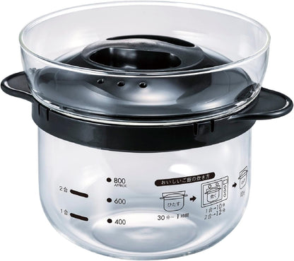 XRCN-2-B Glass Microwave Rice Pot, 1 to 2 Cups, for Microwaves, Black, 1 to 2 Cups, Made in Japan1