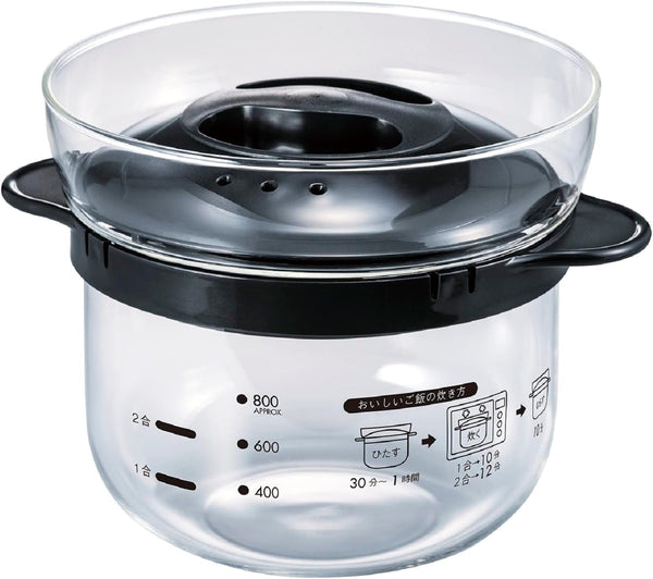 XRCN-2-B Glass Microwave Rice Pot, 1 to 2 Cups, for Microwaves, Black, 1 to 2 Cups, Made in Japan1