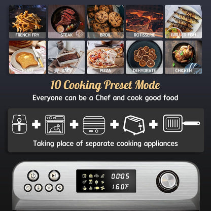 Air Fryer Toaster Oven Combo, 26Quart 10-In-1 Extra Large Countertop Convection Oven with LED Display Knob Control, 1800W Stainless Steel, Less Oil, Faster Cooking,7 Accessories+Recipe6