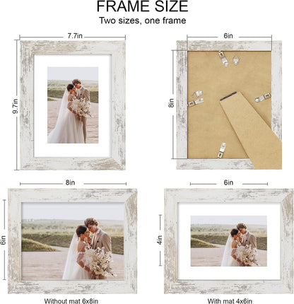 6X8 Picture Frame Set of 4, Made of Real Glass and Distressed White Frame - Display Picture 4X6 with Mat or 6X8 without Mat, 6 by 8 Photo for Wall or Tabletop2