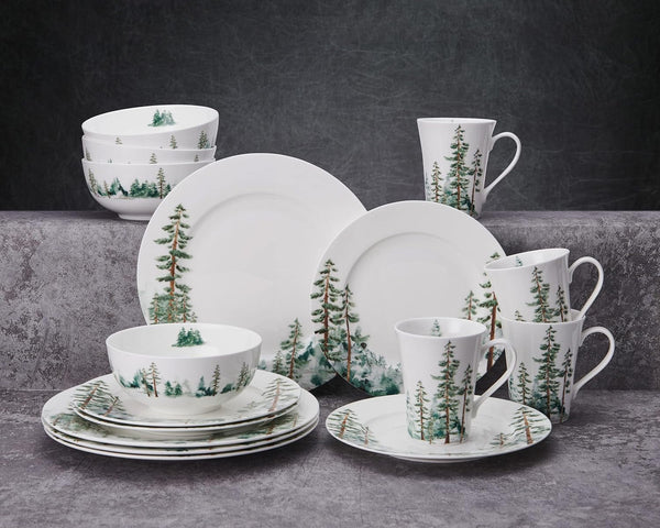 Watercolor Forest Bone China Lightweight Chip Resistant 16 Piece Dinnerware Set, Service for 4, White10
