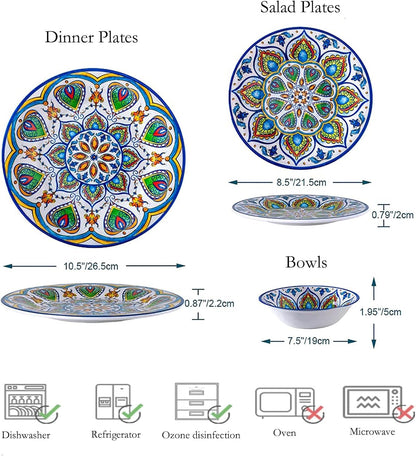 Melamine Dinnerware Set, 12 Pcs Dinner Plates Bowls Sets for Indoor and Outdoor Use, Durable Unbreakable Dishes Sets, Dishwasher Safe, BPA Free, Service for 42