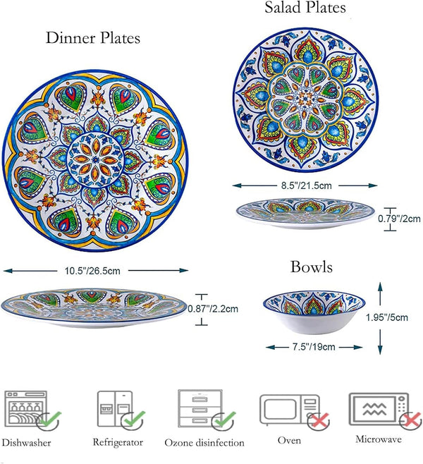 Melamine Dinnerware Set, 12 Pcs Dinner Plates Bowls Sets for Indoor and Outdoor Use, Durable Unbreakable Dishes Sets, Dishwasher Safe, BPA Free, Service for 42