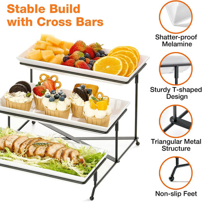 3 Tier Serving Tray Set, 12" Tiered Serving Trays Platters, Reusable Serving Tray for Party, Collapsible Sturdier Stand with Stable Cross Bars, Serving Platters for Veggie, Fruit, Dessert4