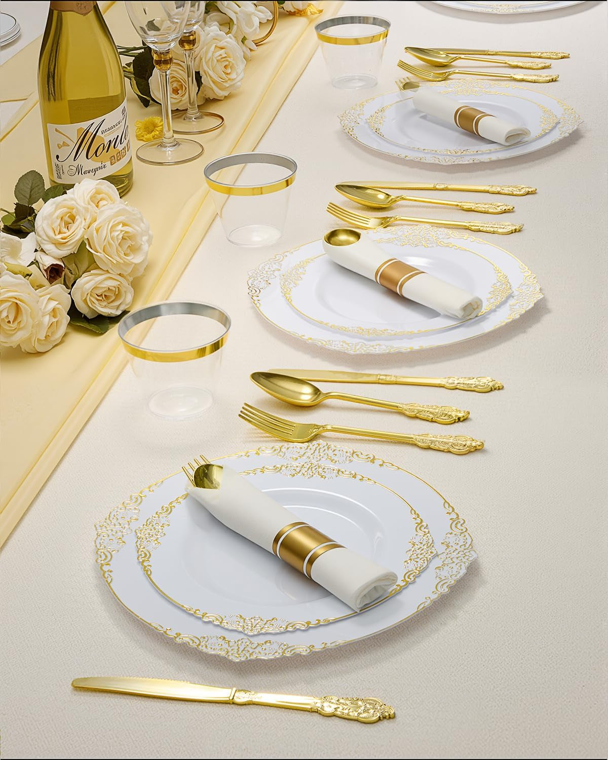 350-piece-gold-plastic-dinnerware-set-for-50-guests