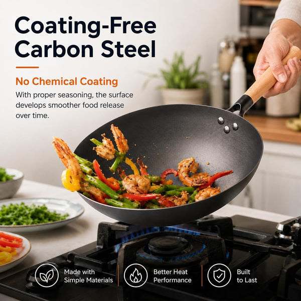 12.6" Carbon Steel Wok Pan, Flat Bottom Stir Fry Wok with Spiral Thread Interior, Coating‑Free Naturally Seasoning Wok, Compatible with Gas, Electric & Induction Cooktops4