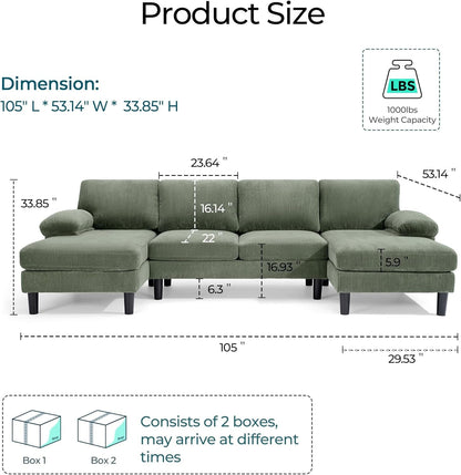 Sectional Couch, 105'' W Corduroy U Shaped Sofa with Sleepable Armrests, 4 Seat Couch with Double Chaises, Deep Sofa for Living Room, Green2