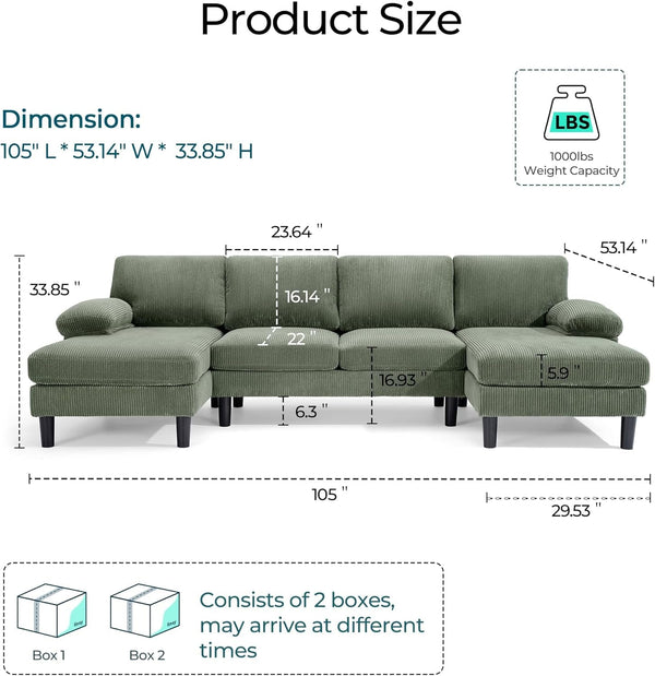 Sectional Couch, 105'' W Corduroy U Shaped Sofa with Sleepable Armrests, 4 Seat Couch with Double Chaises, Deep Sofa for Living Room, Green2
