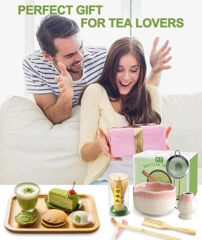 Matcha Whisk Set, 7PCS Matcha Set with Bamboo Whisk and Ceramic Bowl | Complete Matcha Kit Includes 17Oz Bowl, Handmade Whisk 100 Prongs, Holder, Spoon, Sifter for Matcha Lovers, Gradient Pink7