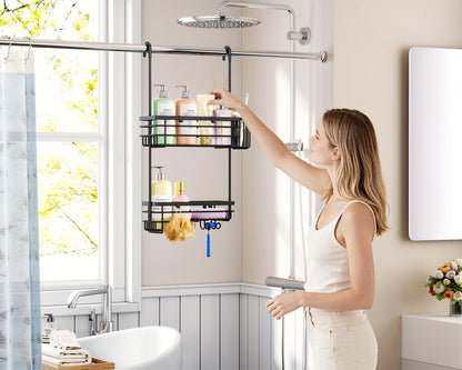 Hanging Shower Caddy – for Renters & Small Bathrooms, Fits Shower Curtain Rods, No Drilling, 2 Rustproof 304 Shelves, 4 Hooks, and a Detachable Toothbrush Holder You Can Rinse - Black7